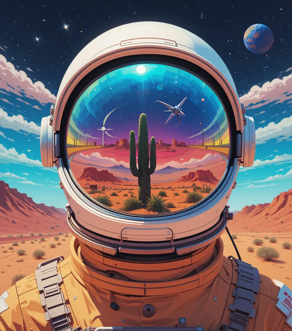 Close up astronaut portrait with desert reflected visor