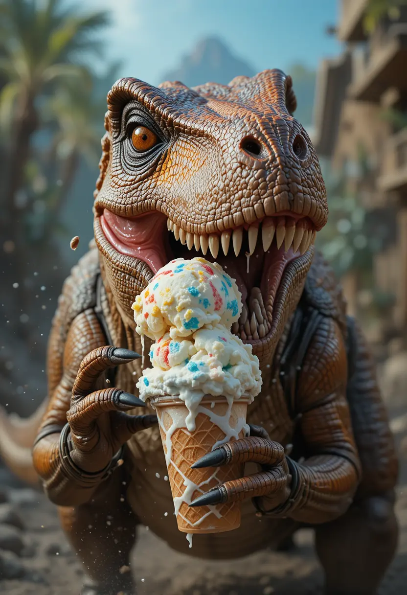 Playful t rex enjoying ice cream in dynamic action
