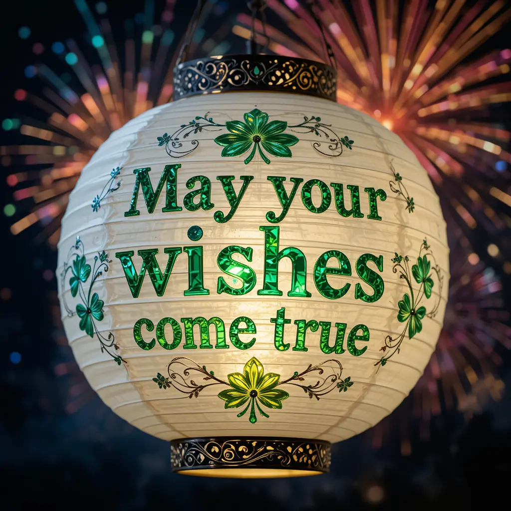 White wish sky lantern with green clover art and fireworks