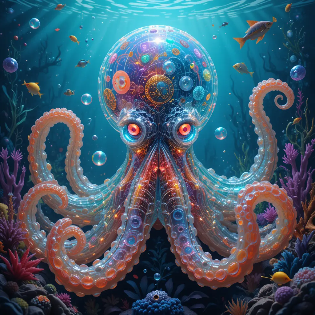 Colorful transparent octopus with human face in ocean scene