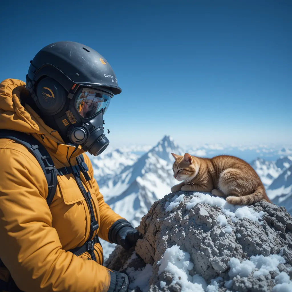 Mountaineer On Everest Summit Watching Cat On Nearby Rock