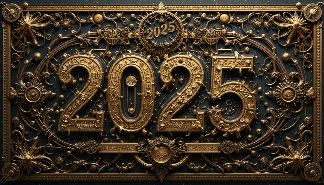 Steampunk New Year 2025 greeting card with golden details