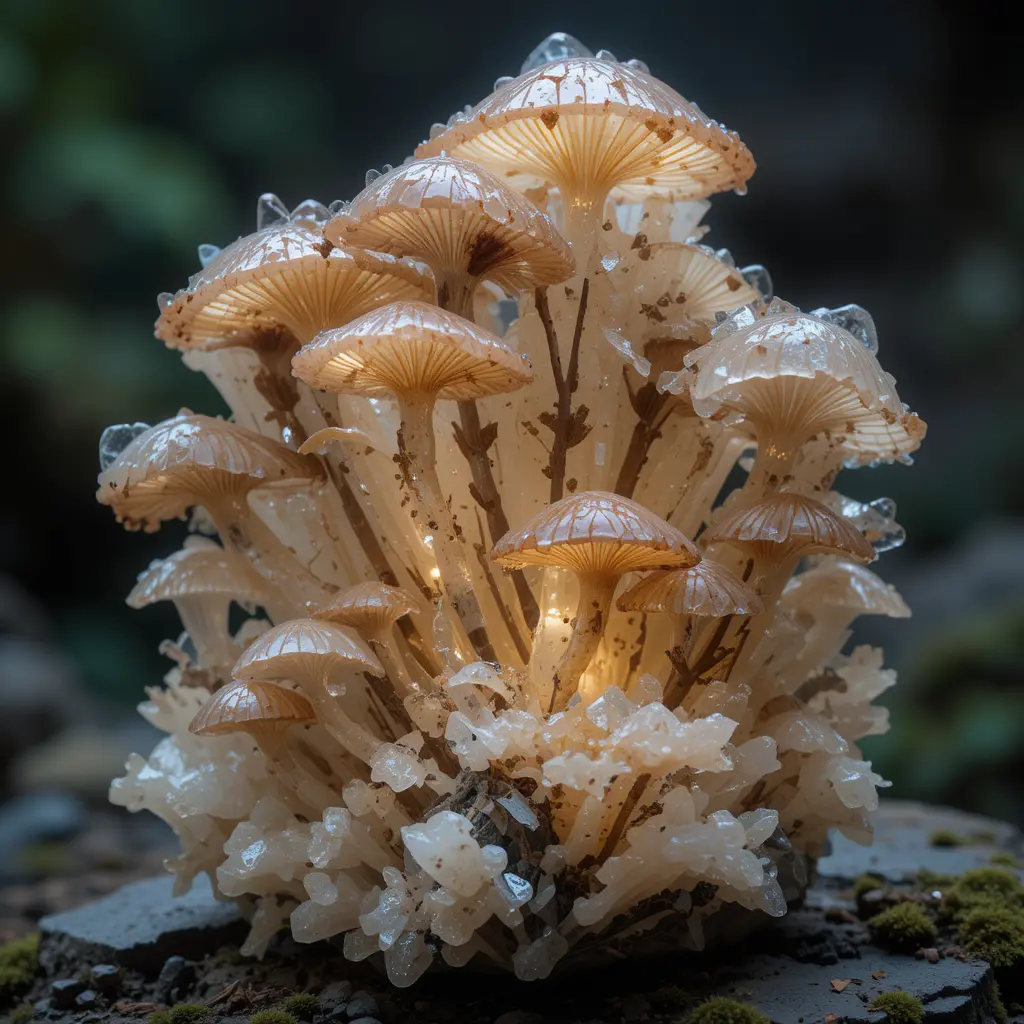 Ethereal fungal crystal mineral glowing on dark background