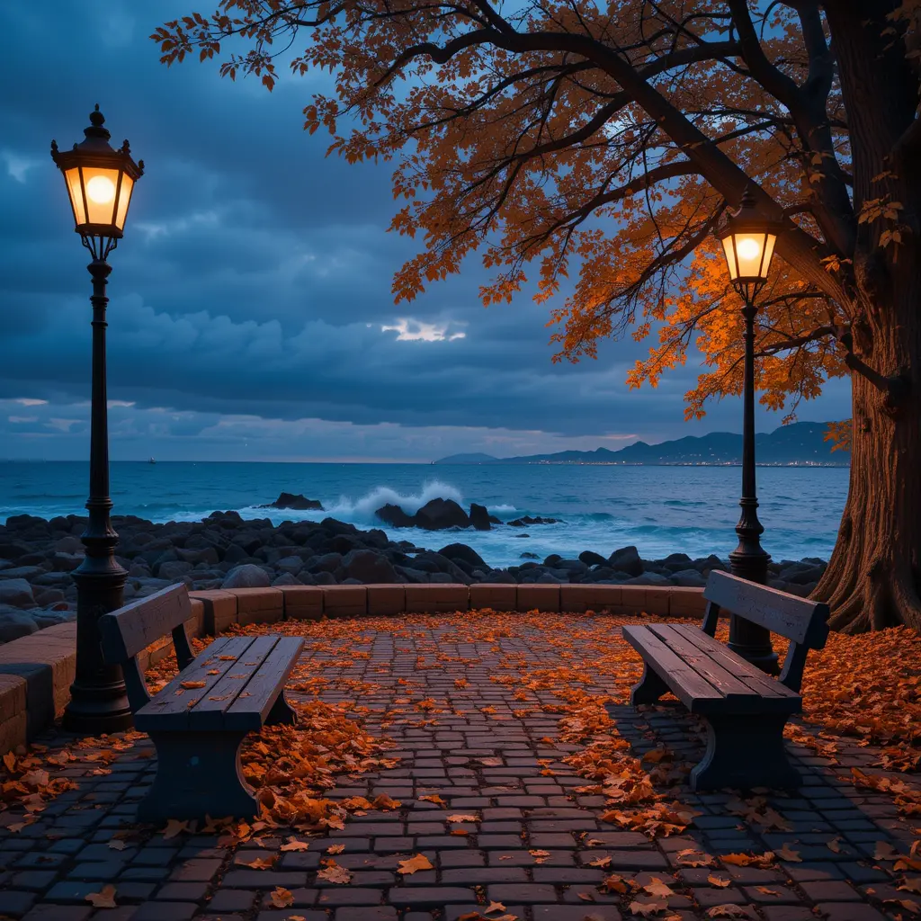 Melancholic seaside promenade with glowing lampposts at twilight