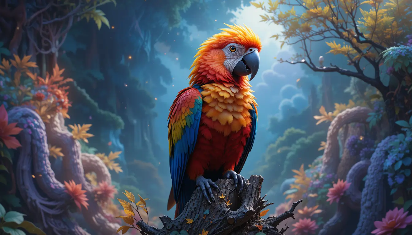 Colorful fantasy parrot perched high in a tree