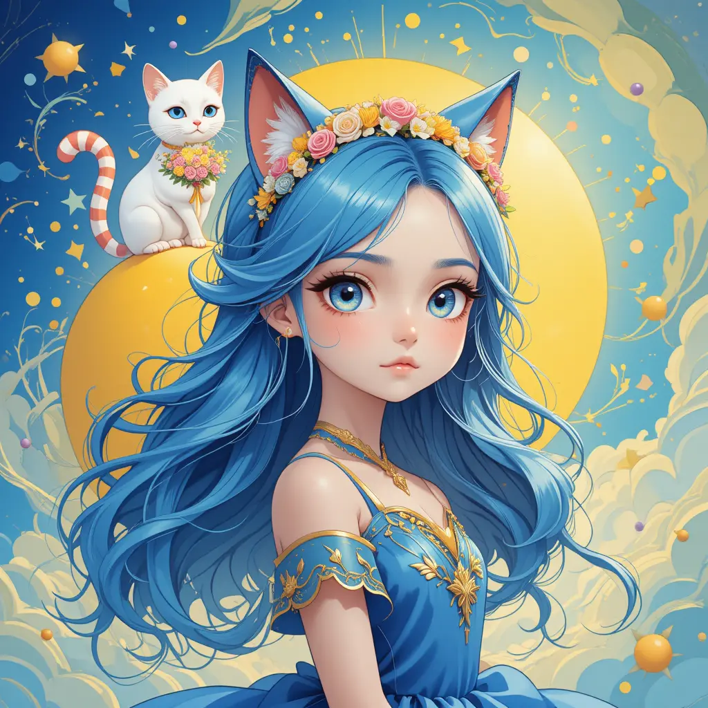 Porträt eines blauhaarigen Anime-Mädchens mit Blumenkranz