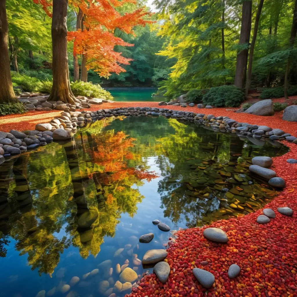Tranquil forest pond with colorful trees and clear water