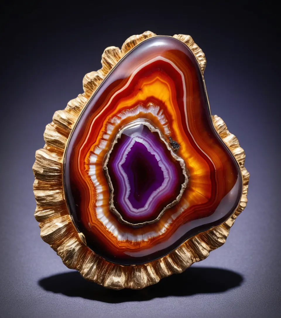 Vibrant Mexican fire agate gemstone on purple background