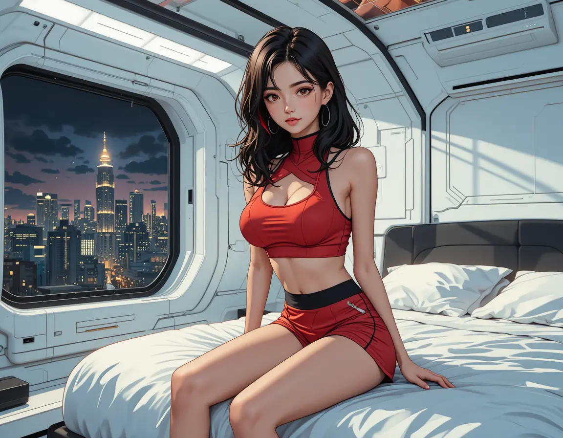 Anime girl in sporty outfit sitting on bed