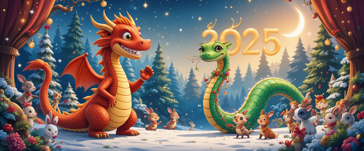 Friendly dragon waving goodbye in a magical christmas forest