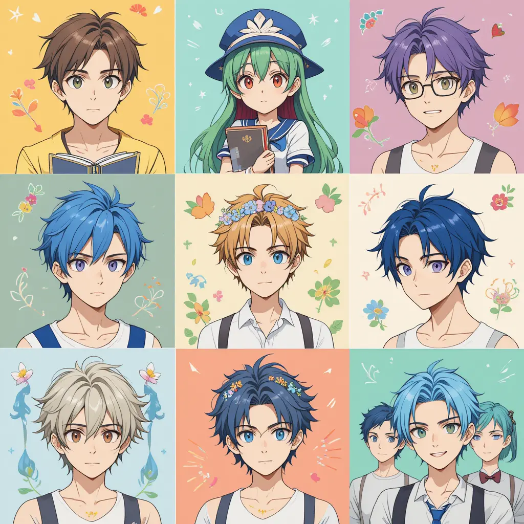Collage Of Nine Colorful Anime Character Portrait Illustrations