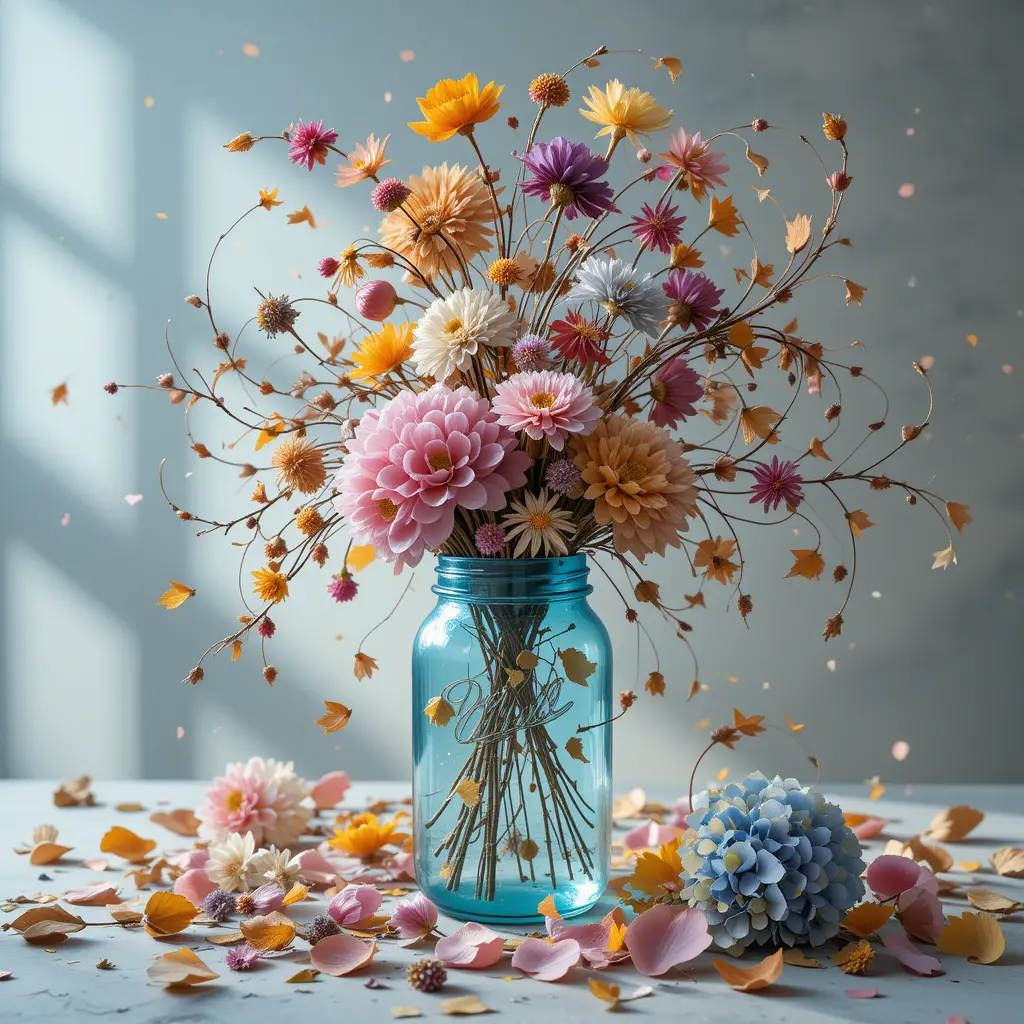 Surreal Floral Arrangement In Blue Glass Jar With Confetti