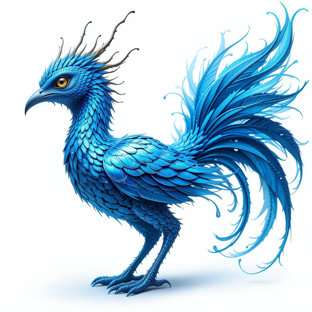 Fantastical Blue Bird With Iridescent Feathers On White