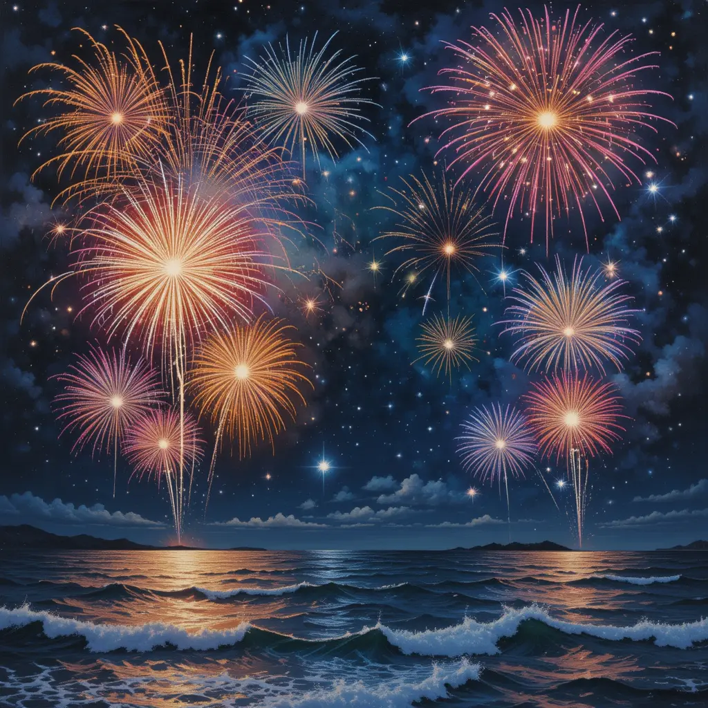 Colorful fireworks exploding over the midnight ocean sky