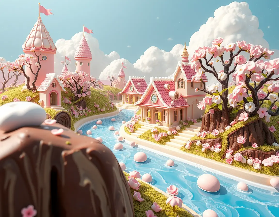 Whimsical candy land of desserts and ice cream houses