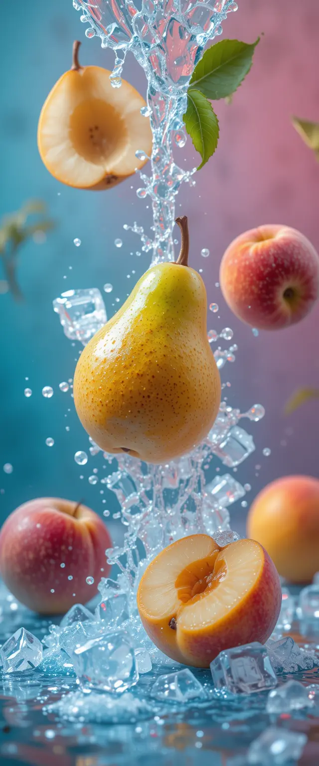 Fresh pears and peaches with splashing ice water