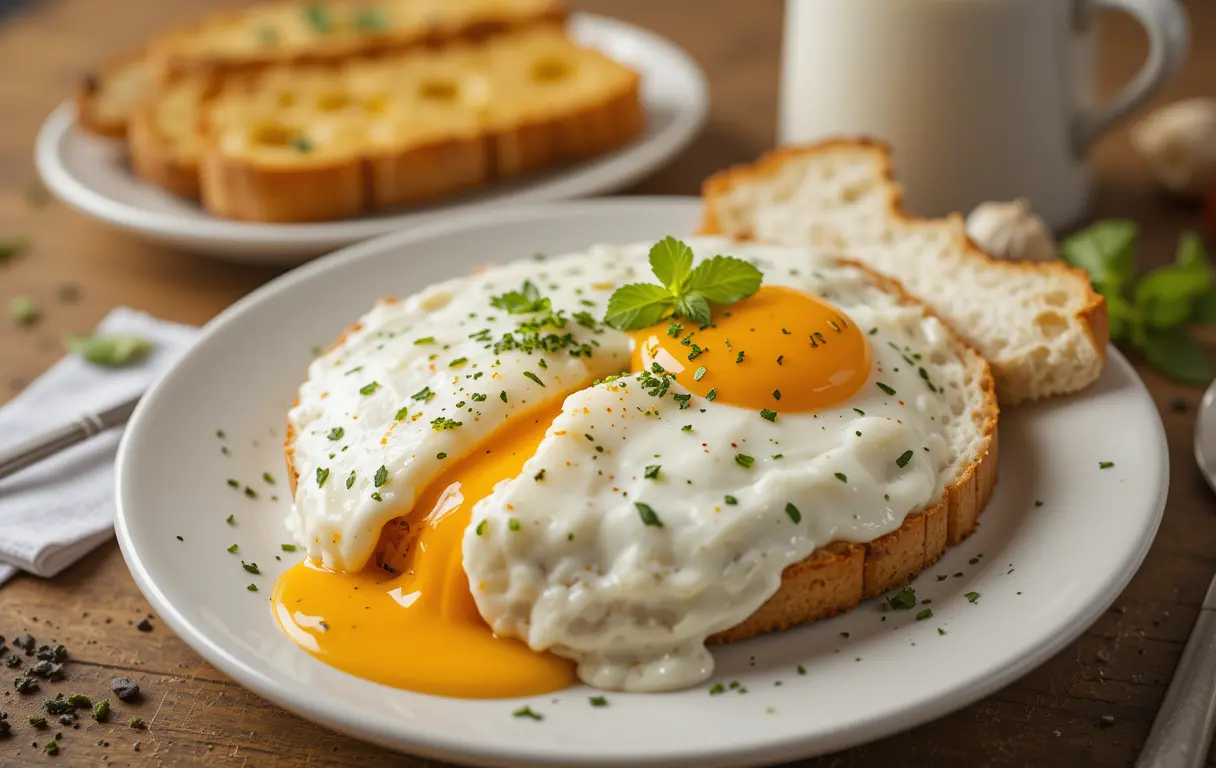 Delicious breakfast with fried eggs toast and milk