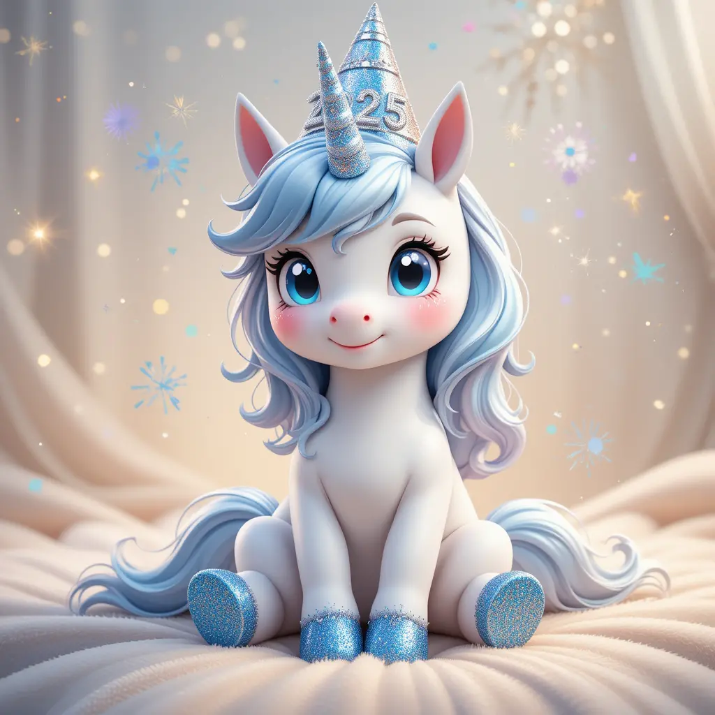 Cute blue eyed unicorn celebrating new year