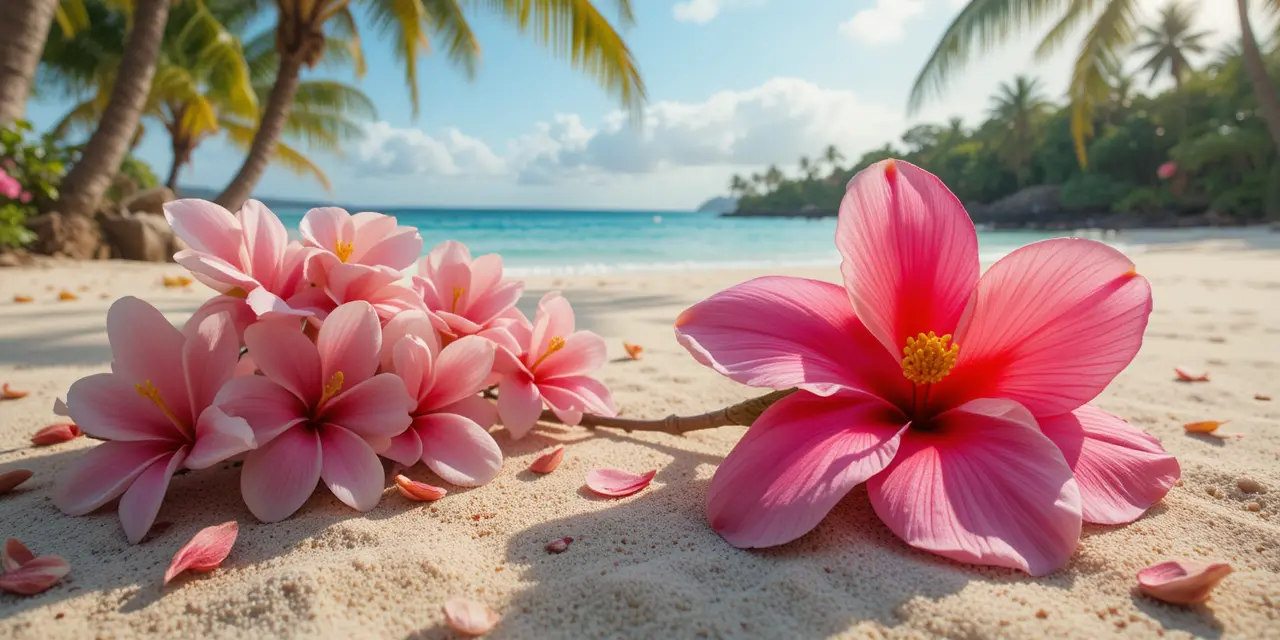 Frangipani flower resting on sandy beach with palm trees