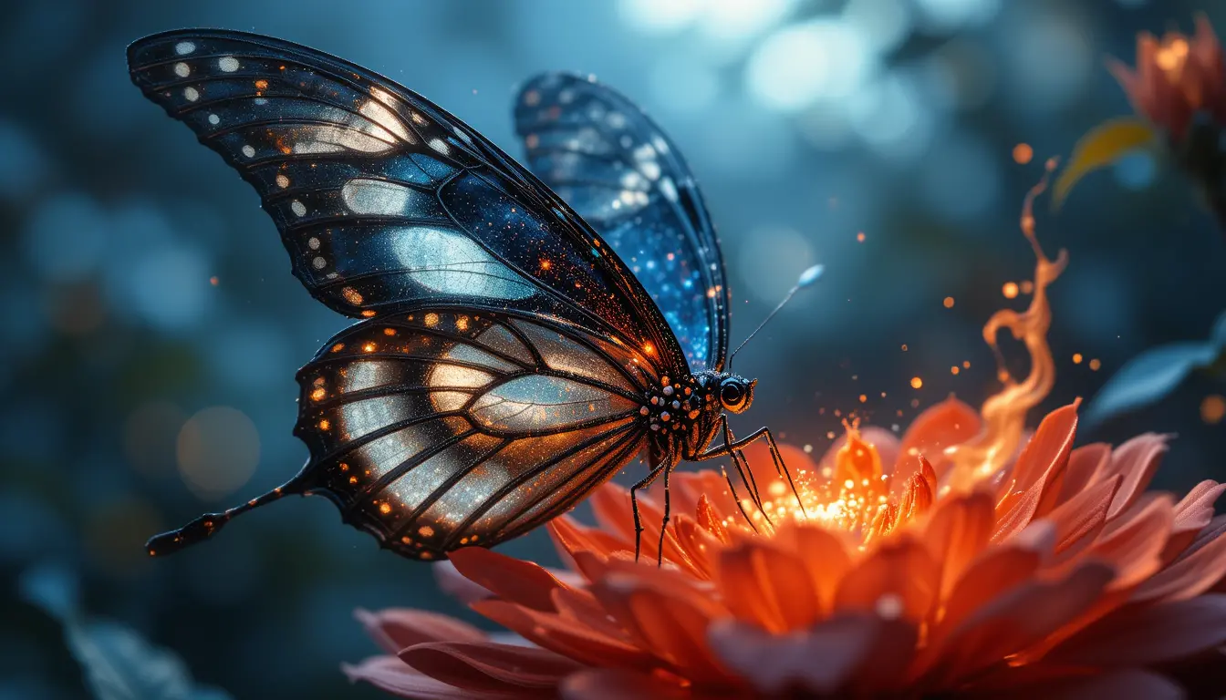 Luminous butterfly resting on a fiery magical flower