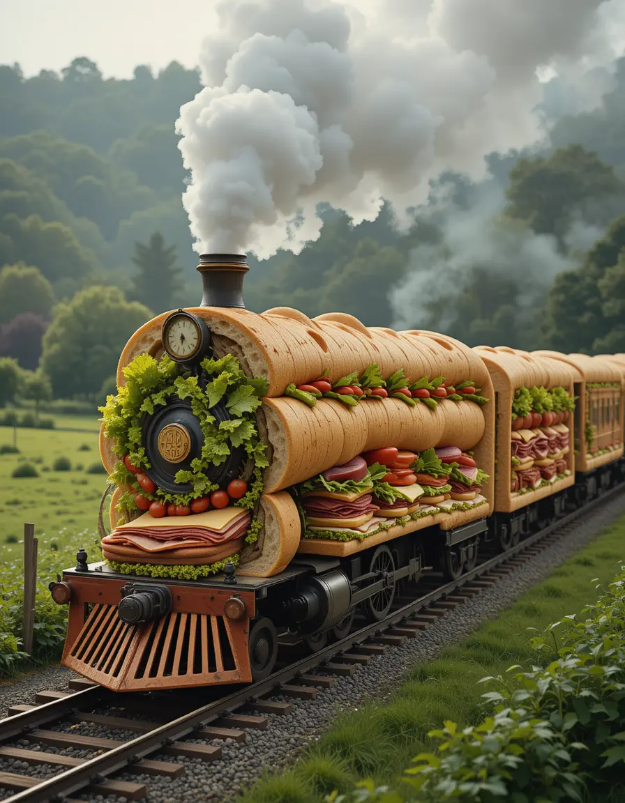 Whimsical Baguette Train Crossing Lush Green Countryside