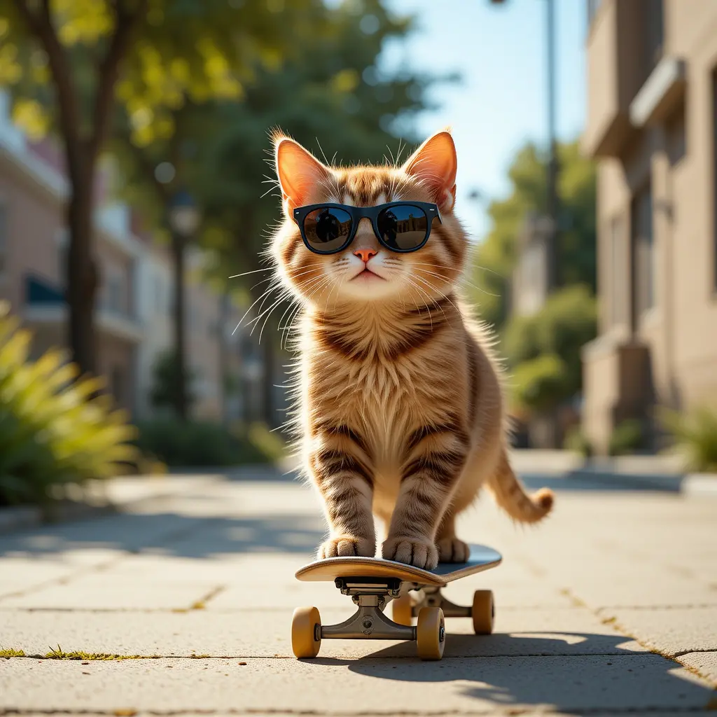 Cool cat in sunglasses skateboarding along sunny sidewalk