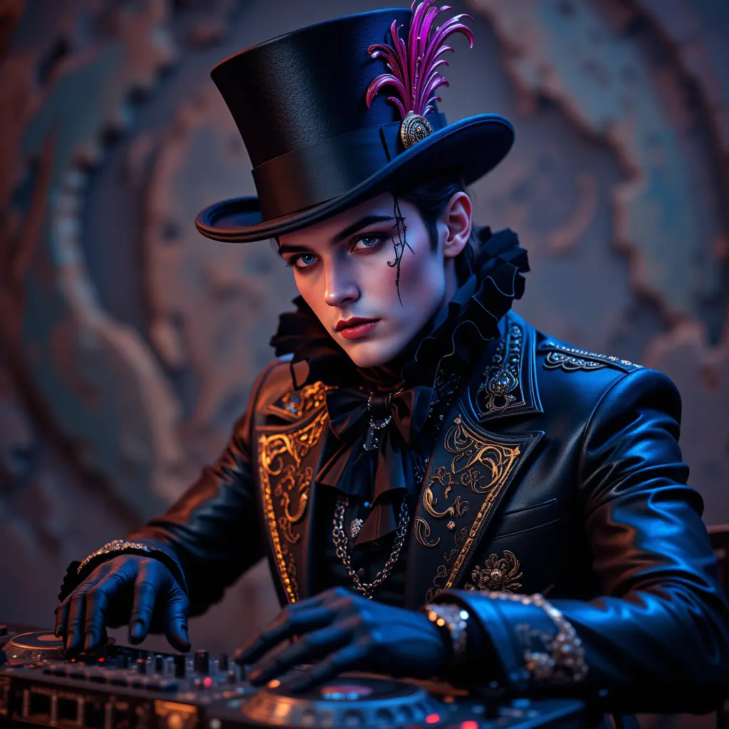Steampunk dj in gothic attire at mixing console