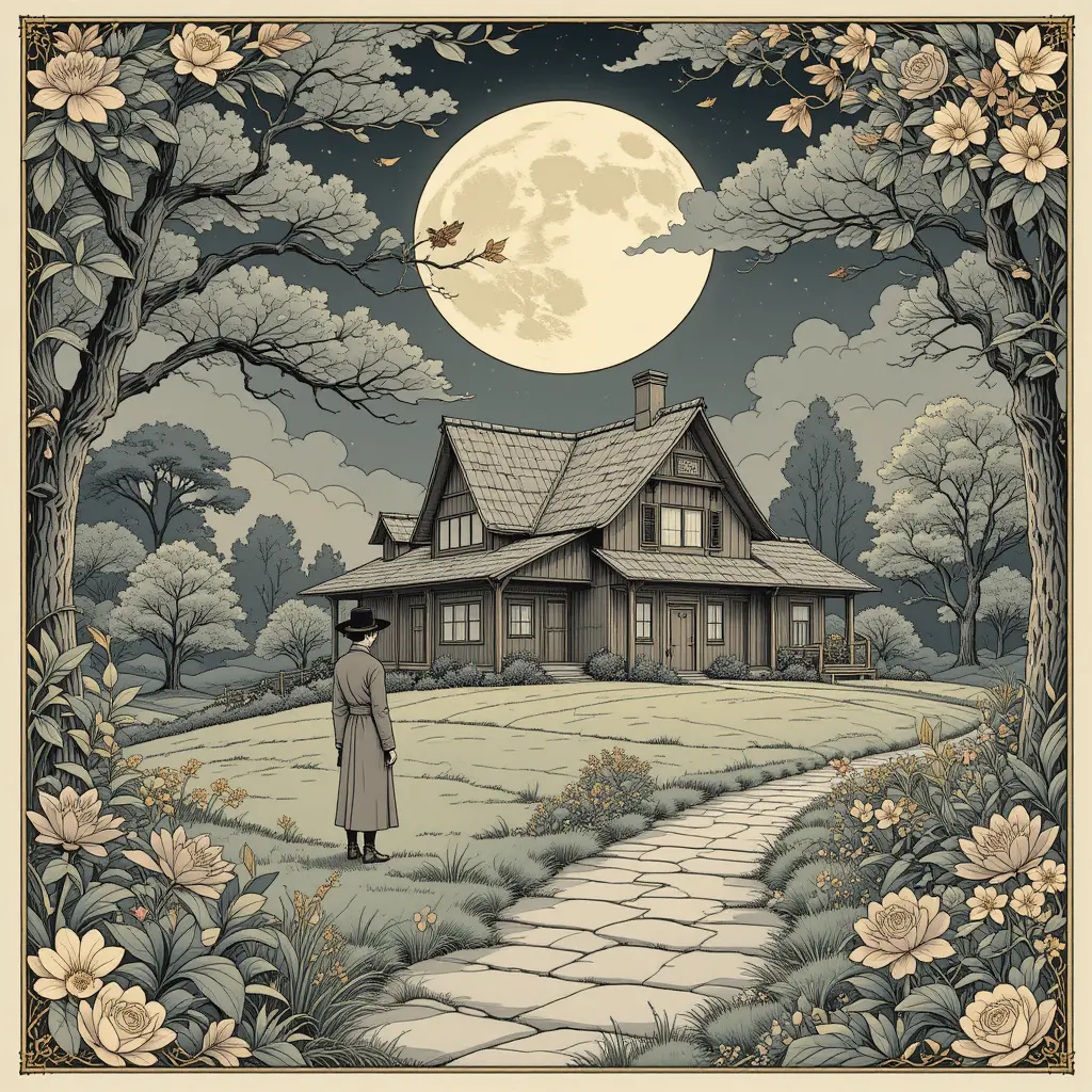 Moonlit countryside house with floral illustrated border