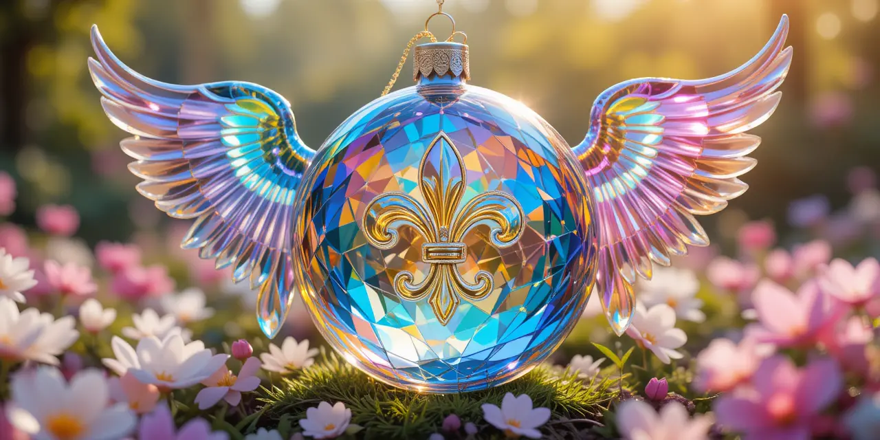 Prismatic Crystal Christmas Ornament With Angelic Wings In Garden