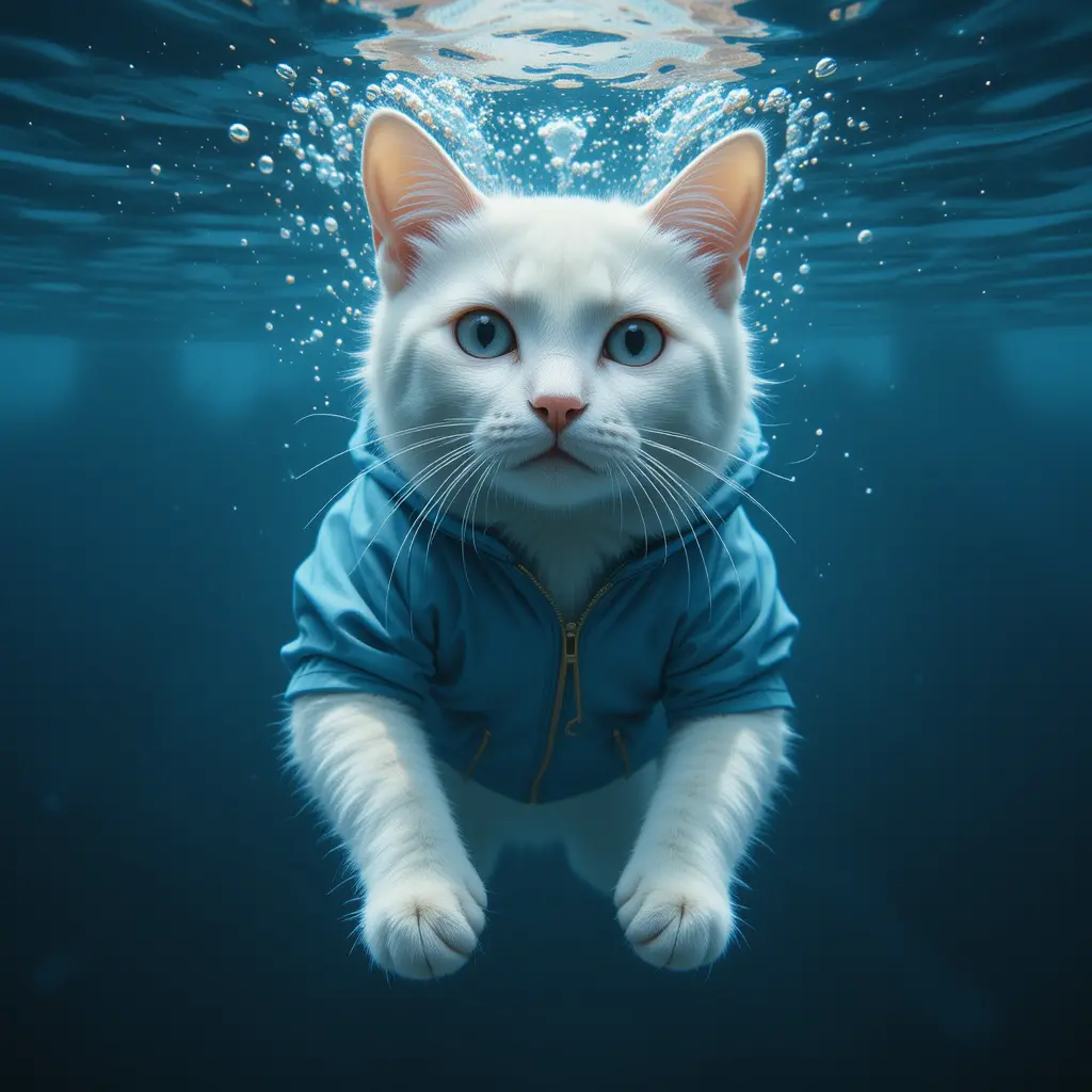 White cat underwater wearing a blue jacket