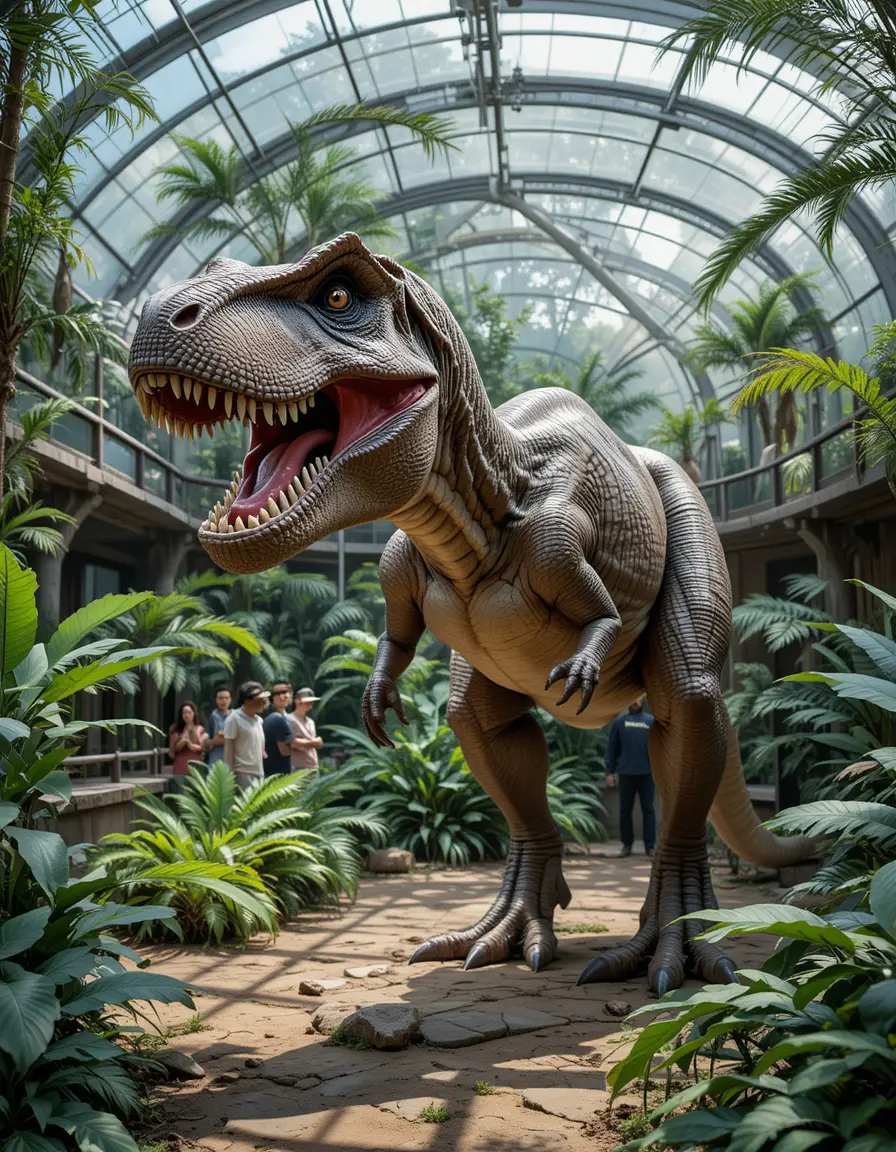 Tyrannosaurus rex in modern wildlife park behind glass