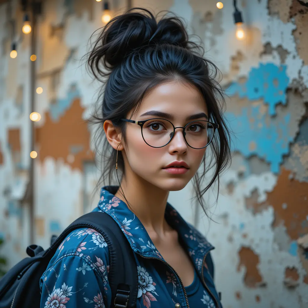 Serious young woman with glasses by old urban wall