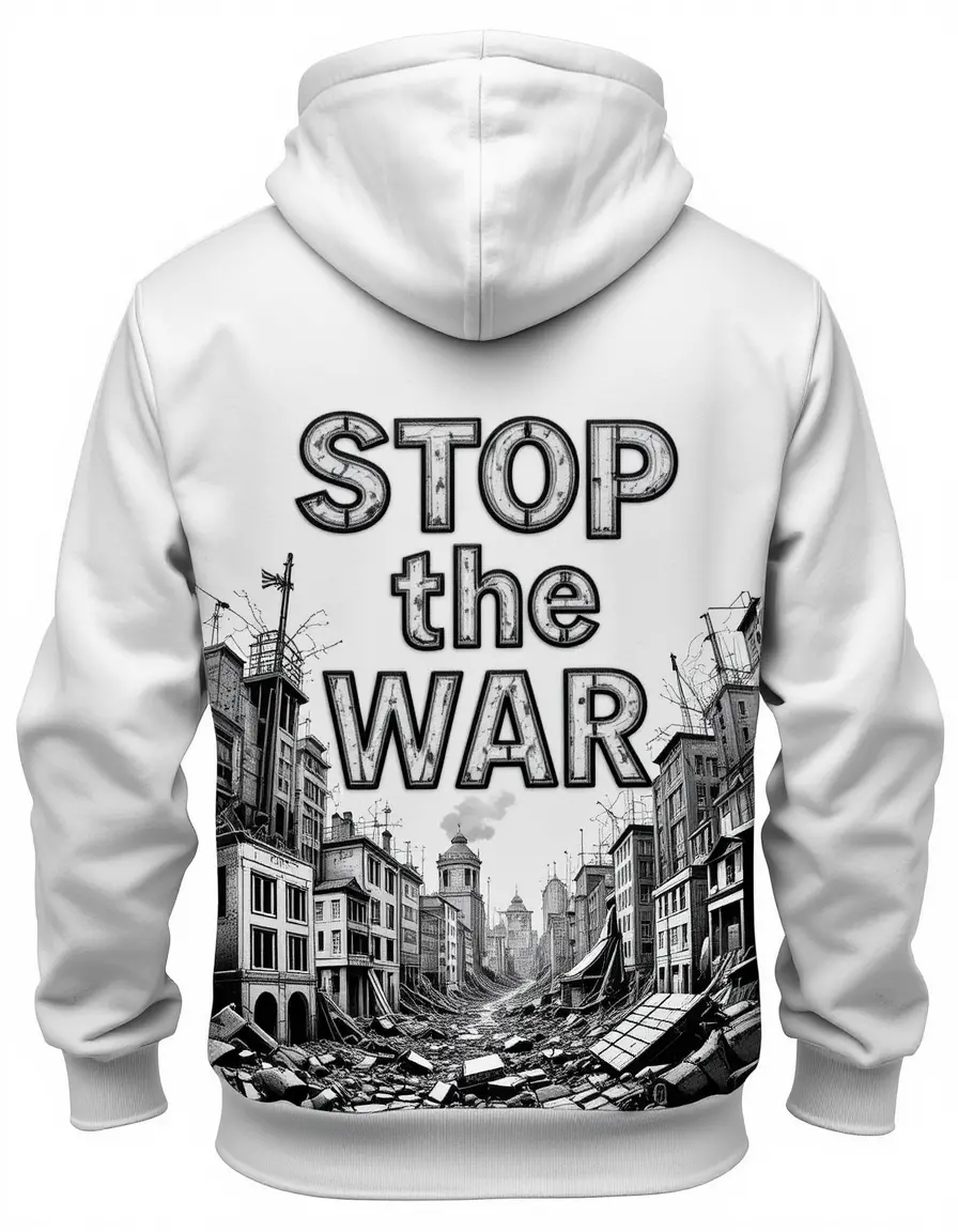 Hoodie With Stop The War Text And Collapsing Buildings Design