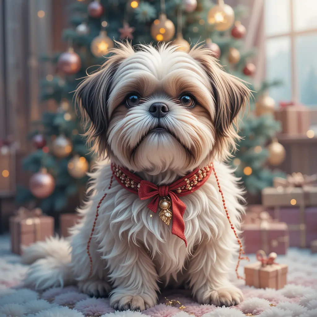 Shih tzu dog by a cozy christmas tree in watercolor