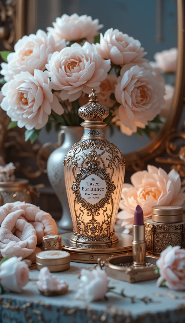 Vintage perfume still life on an elegant vanity table
