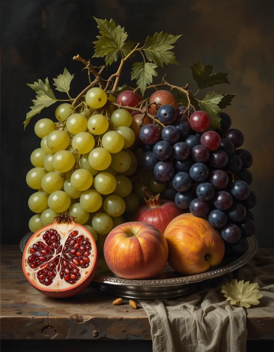 Still life painting of grapes pomegranate and peaches