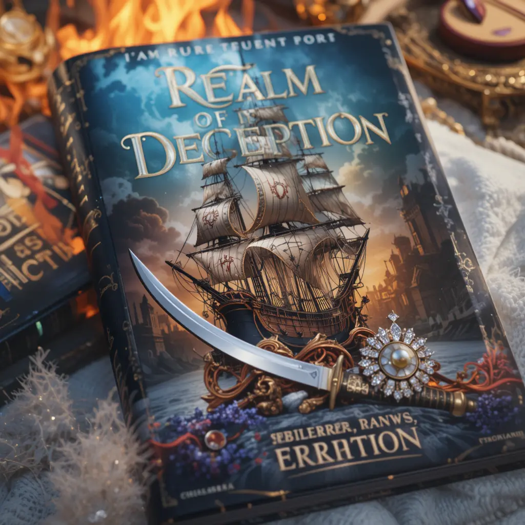Fantasy book cover with pirate ship sword and crown