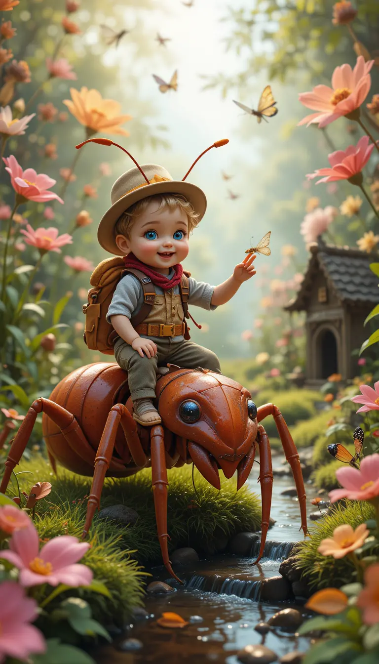 Baby Explorer Riding Giant Ant In Fantasy Garden