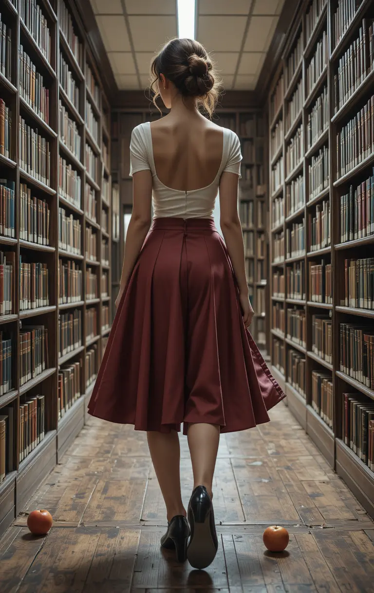 Elegant librarian in skirt picking up an apple from floor