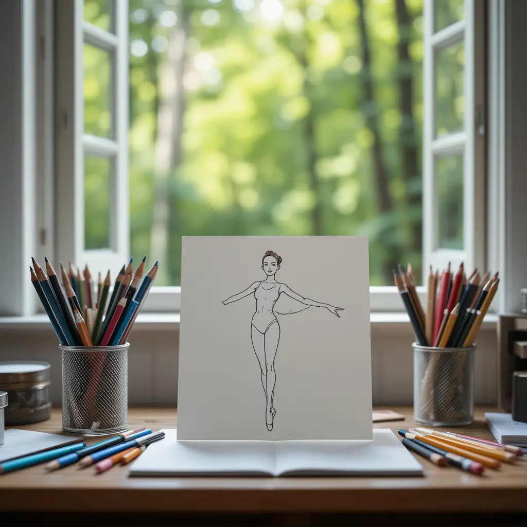 Bunte Stifte auf einem Schreibtisch mit einer Ballerina-Skizze