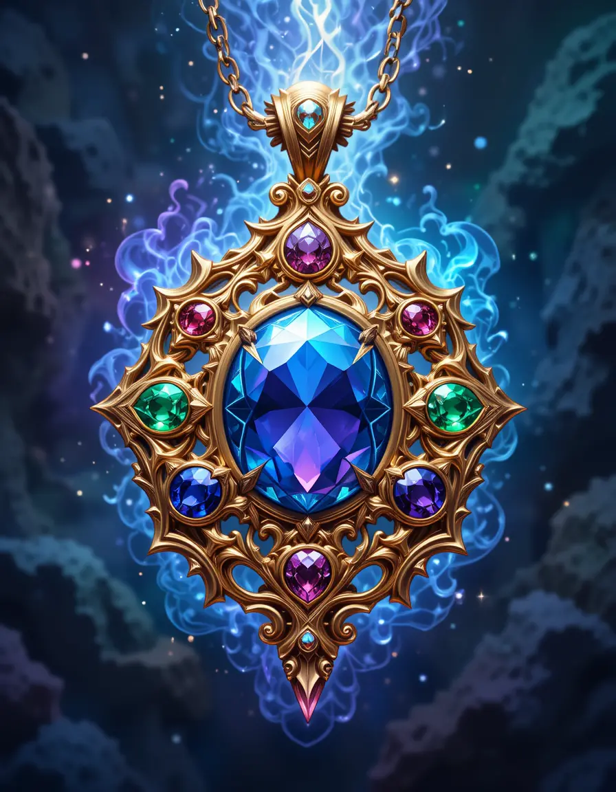 Enchanted Gold Amulet With Radiant Gemstone Auras