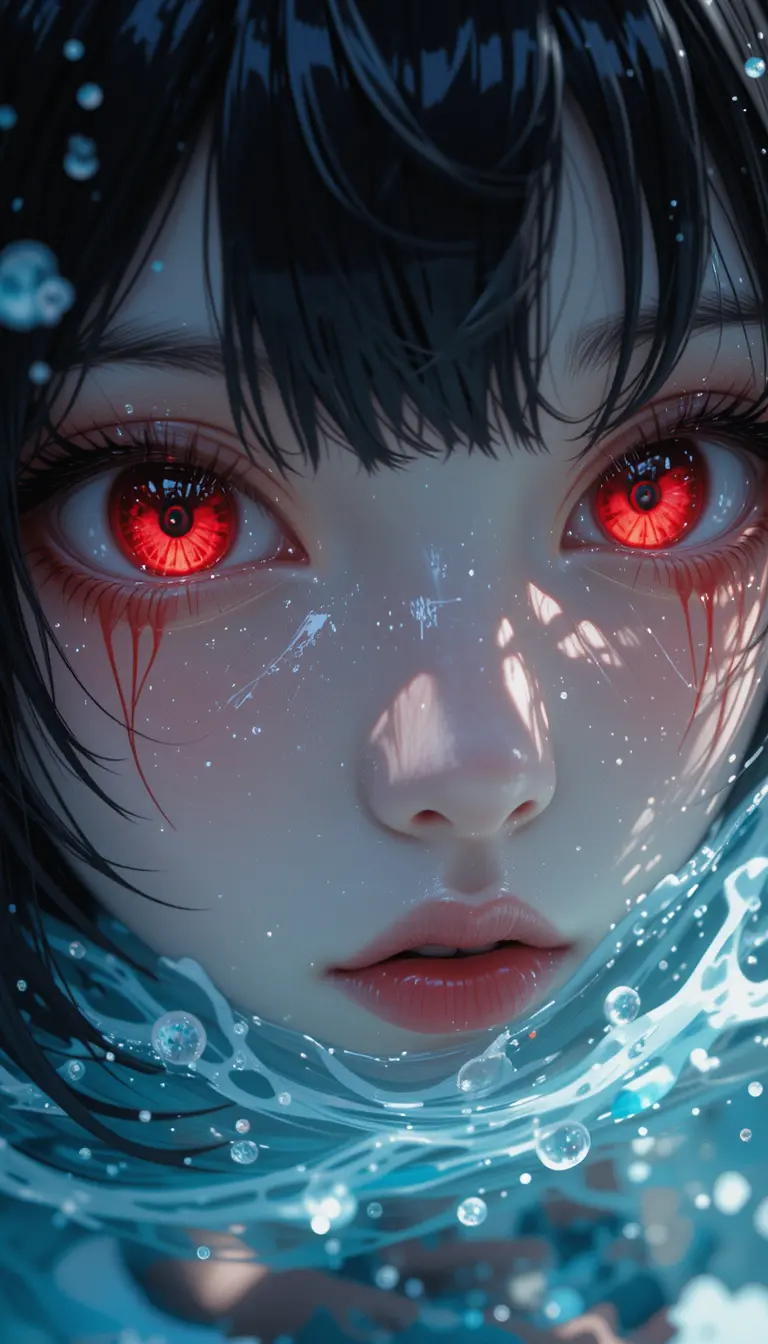 Anime girl close up in dark water with intense gaze