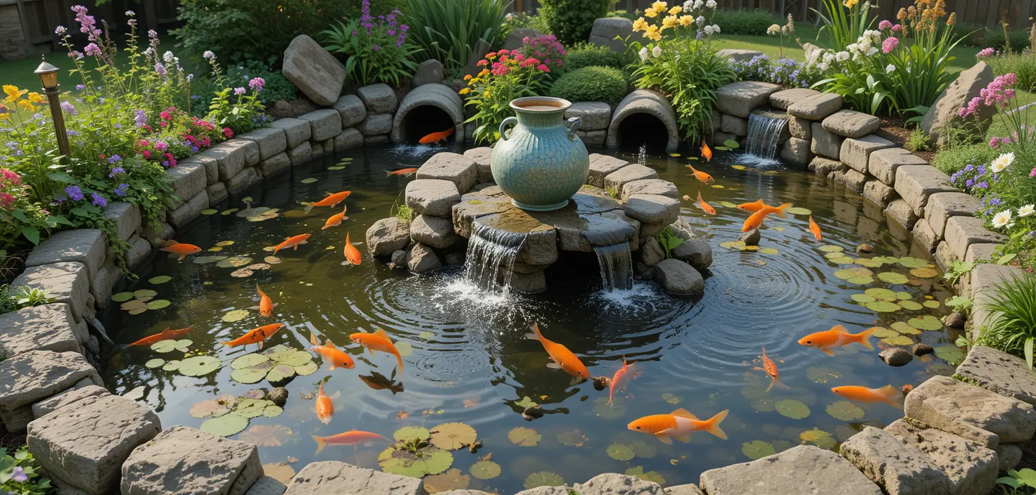 Serene ornamental pond shaped like a six with goldfish