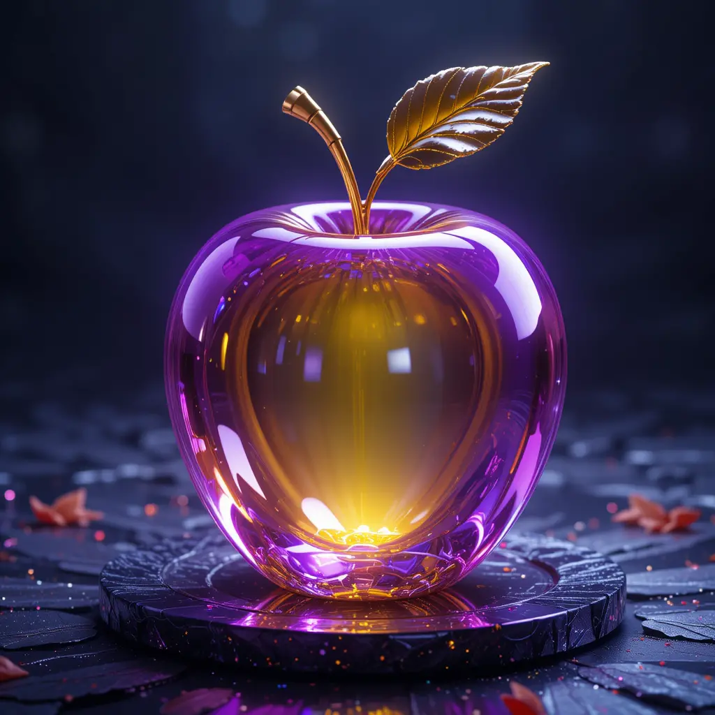 Glowing Glass Apple With Metallic Stem In Dark Setting