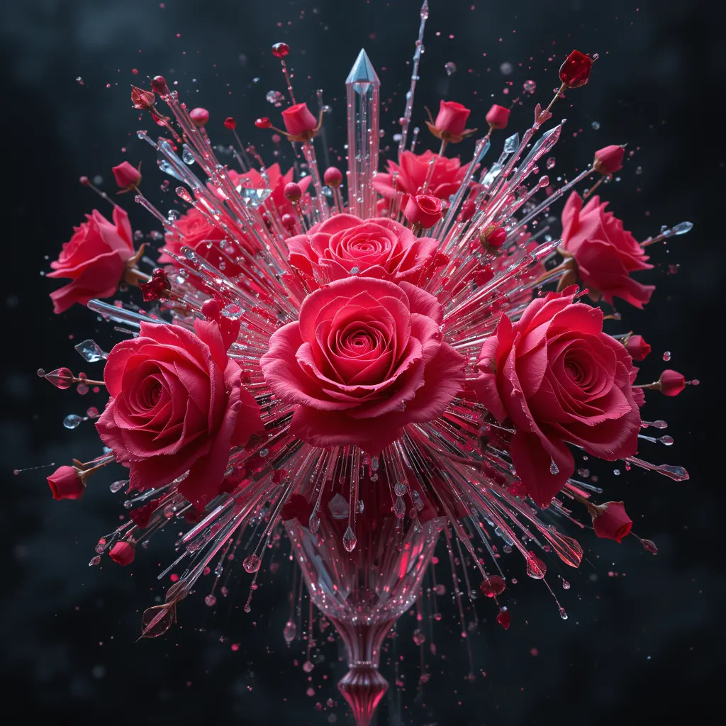 Red and pink roses exploding over crystal background