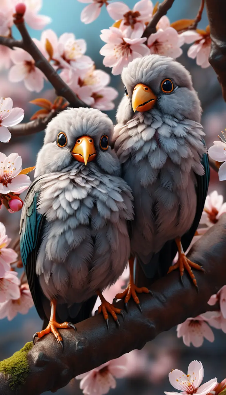 Colorful smiling birds among cherry blossom in spring