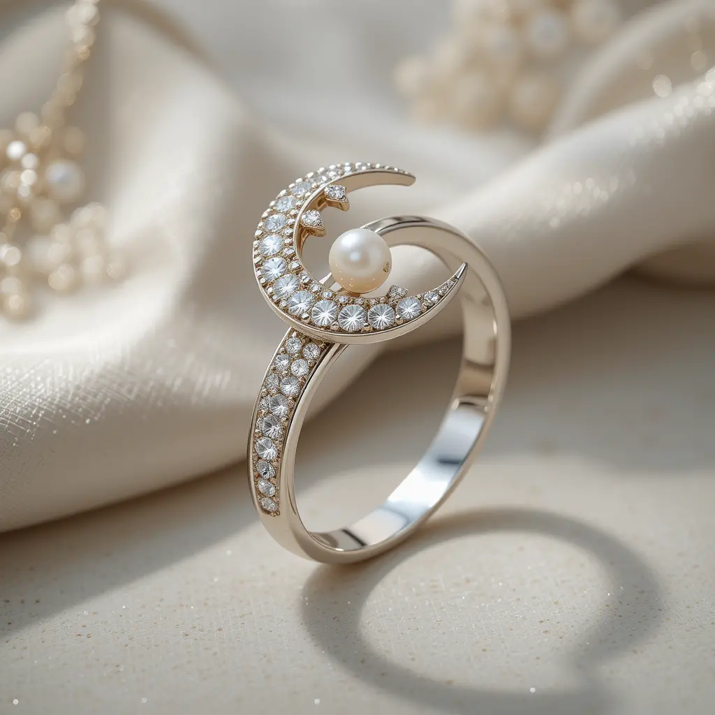 White gold diamond ring with crescent moon and pearl