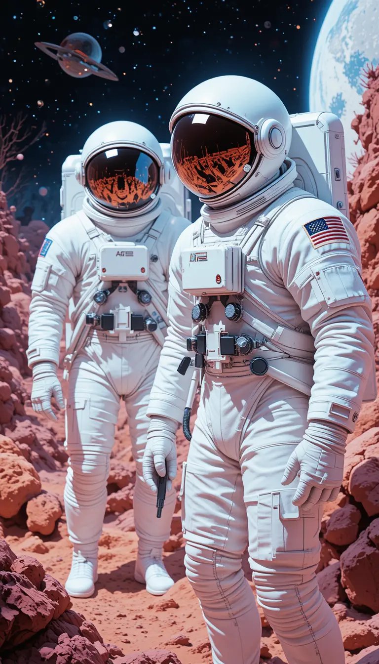Retro 80s style poster of white suited astronauts