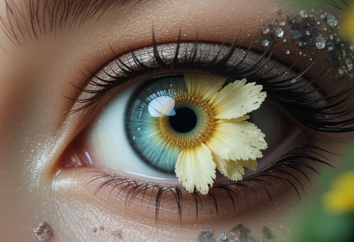 Surreal flower pupil eye with butterfly wing eyeliner