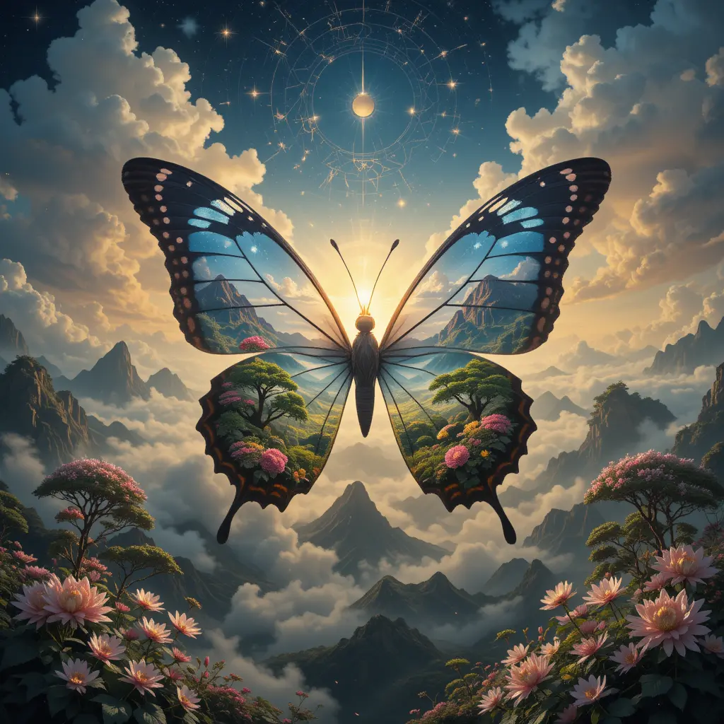 Majestic butterfly framing an Asian spring landscape